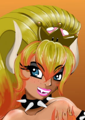 A digital fan art of Bowsette with a fireball in her hand